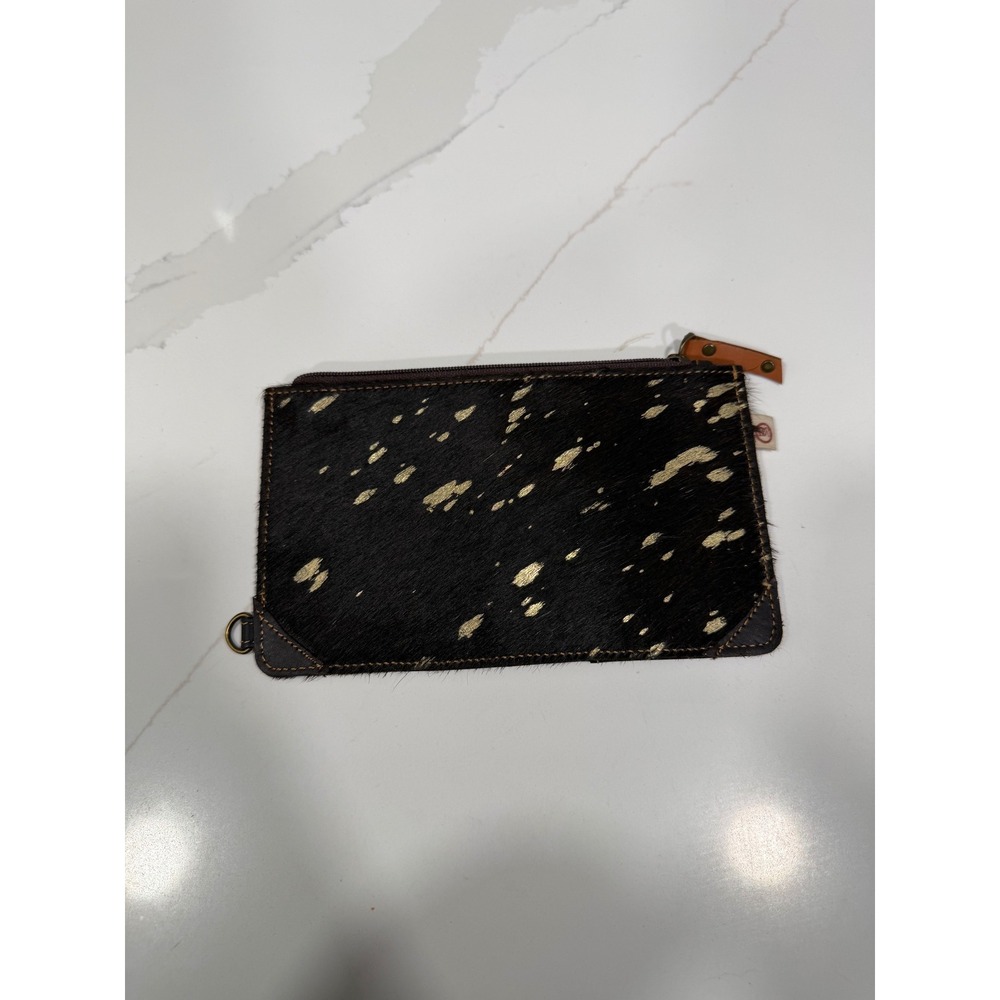 Vaan & Co Black‎ Cowhide Gold Splatter Leather ID Wallet Pouch Zipper Case